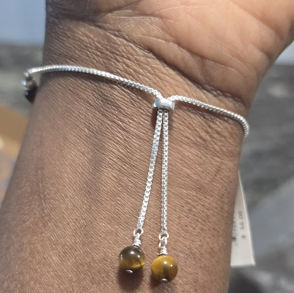 Macy's Genuine Stone Bead Adjustable Bracelet Silver Plate New Women